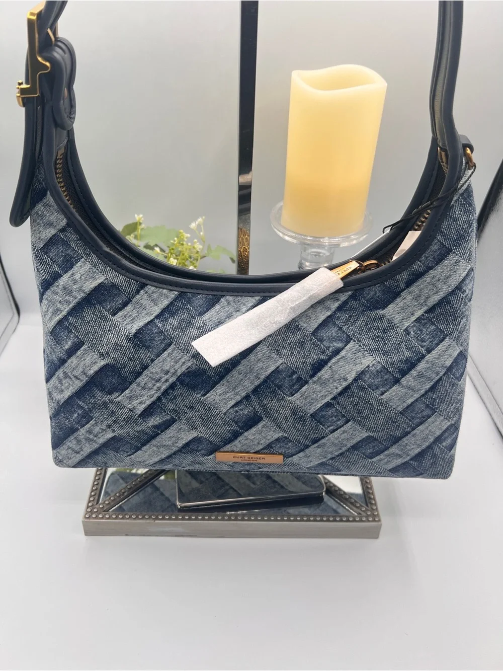 Kurt Geiger Denim Weave Shoulder Bag in Blue and Black